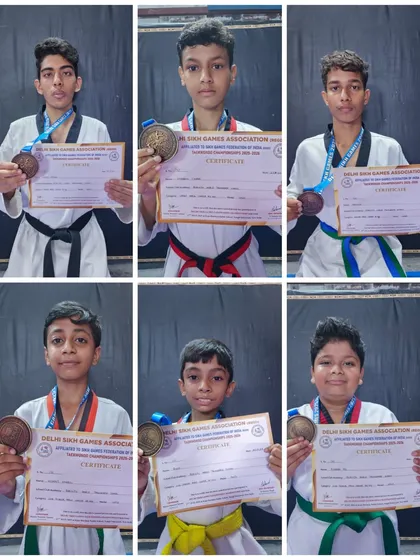 My students displaying their medals from the Delhi Sikh Games 2025. We secured multiple gold, silver, and bronze medals at this event.