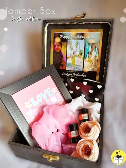 Another angle of the 'bestie edition' hamper box, showing all the curated items nestled inside.