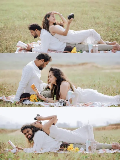 A collage of playful moments from a picnic date, showing the couple reading, laughing, and enjoying a relaxed day together.