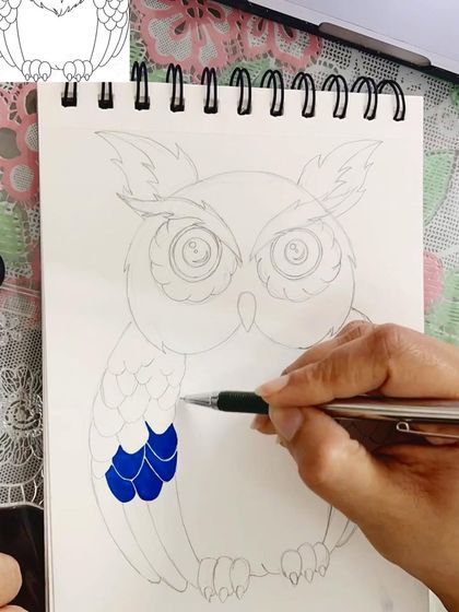 An owl drawing in progress, demonstrating how to build up texture and detail using simple coloring techniques.