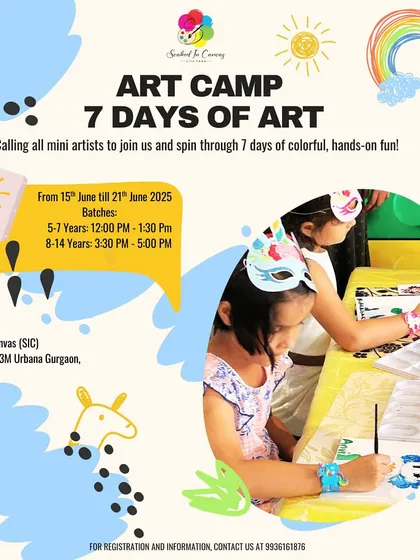 Our Summer Art Camp is a week of pure, hands-on fun for mini artists. This poster gives you a peek into our 7-day program, designed to let kids explore everything from canvas painting and fluid art to pottery and journaling.