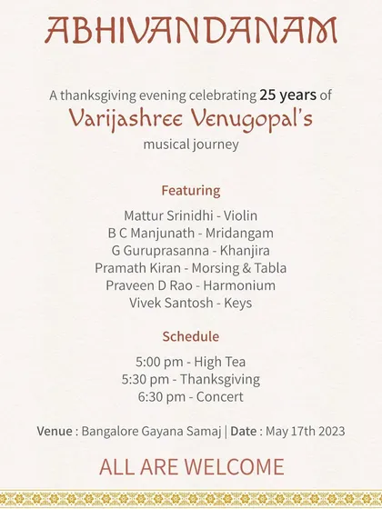 The invitation for 'Abhivandanam'. This event was a heartfelt offering of gratitude, held at the same venue where I had my first concert in 1998, bringing my journey full circle.