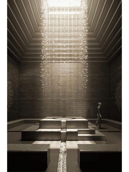 A conceptual rendering of a contemplative space within the Piramal School of Leadership. A cascade of light descends from a skylight, illuminating a central platform and creating a powerful, spiritual atmosphere.