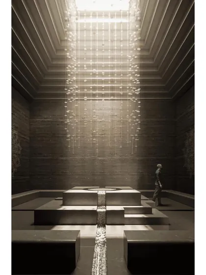 A conceptual rendering of a contemplative space within the school, where light filters down from a skylight into a monumental, minimalist hall.