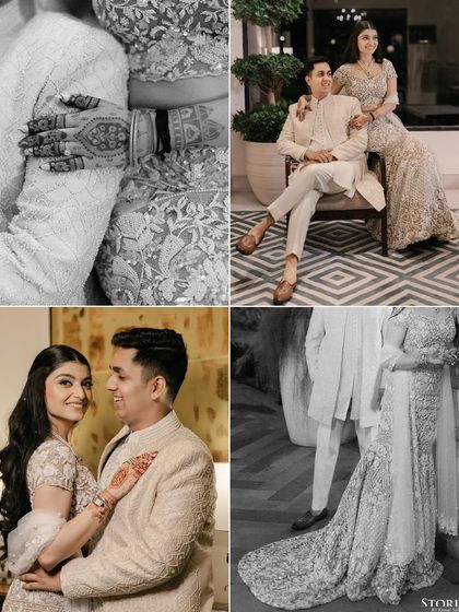 A mix of color and black and white shots, this collage highlights the details of the couple's outfits, their henna, and their loving poses.