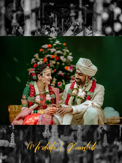 A beautiful portrait of the couple seated during their wedding ceremony, framed by traditional decor and sharing a quiet moment.