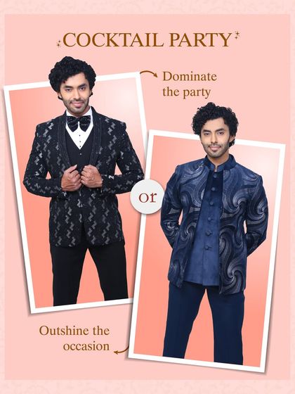 Two incredible options for your next cocktail party. Choose between a classic black sequin tuxedo for timeless glam or a modern navy blue jacket with a swirling texture to dominate the party.