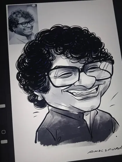 A digital caricature of Marathi comedian Kushal Badrike, with the reference photo visible. I aimed to capture his wide, infectious smile.