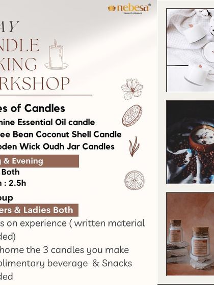 This graphic outlines one of my popular one-day candle making workshops. In just 2.5 hours, you can learn to make three different types of candles, like a Jasmine essential oil candle and a Coffee Bean coconut shell candle.