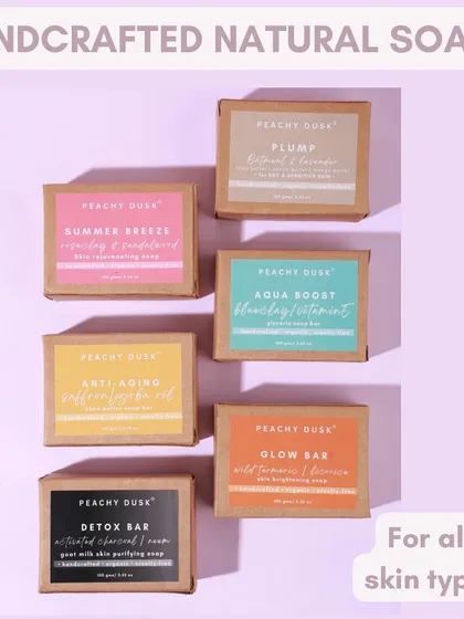 Discover my range of handcrafted natural soaps, each designed for different skin needs. From the detoxifying Detox Bar to the rejuvenating Summer Breeze, every bar is a small piece of plant-based therapy.