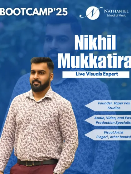Nikhil Mukkatira, our Live Visuals Expert, will share his expertise in audio, video, and post-production. As the founder of Taper Fox Studios, he creates stunning visuals for bands like Lagori.
