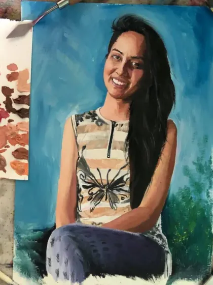 A bright and cheerful oil portrait of a smiling woman against a blue sky. This painting has a very fresh and happy feel.