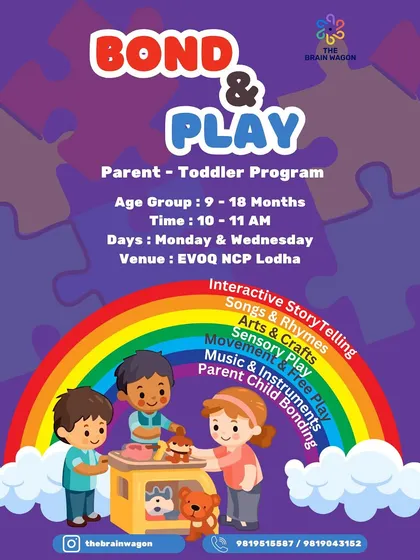 An overview of our Bond & Play program for toddlers aged 9-18 months. This flyer details the activities we offer, including interactive storytelling, arts and crafts, and sensory play.