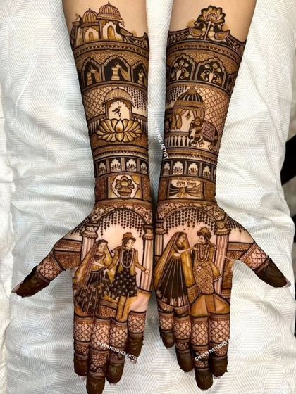 A narrative design showing different wedding scenes, including a depiction of the Dandiya Raas.