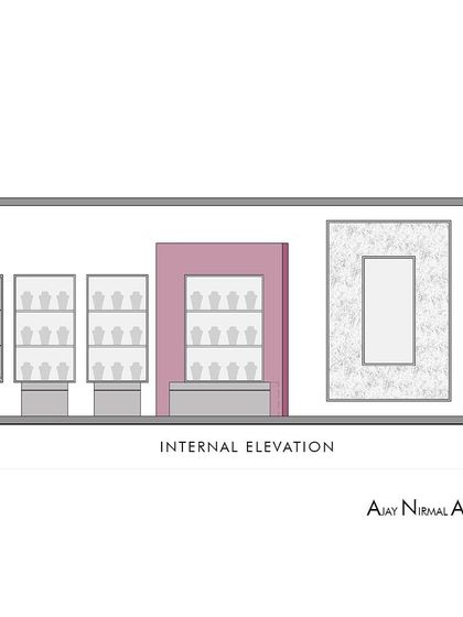 An internal elevation drawing for the Villandi '22 stall. This plan details the arrangement of the display cases and the feature wall with a large mirror, helping to visualize the interior experience.