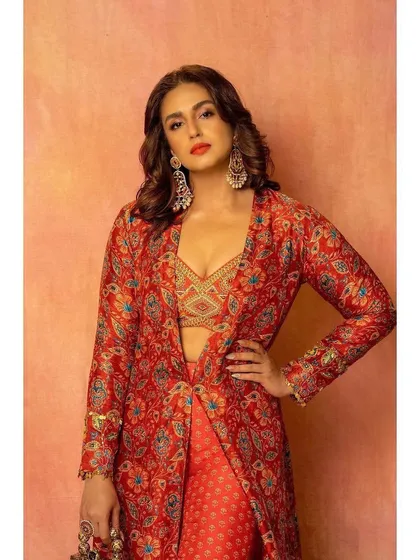 A full look at the Label Anushree printed set, showing the flowy jacket and coordinated pants. It's a comfortable yet incredibly stylish option for any festive occasion.