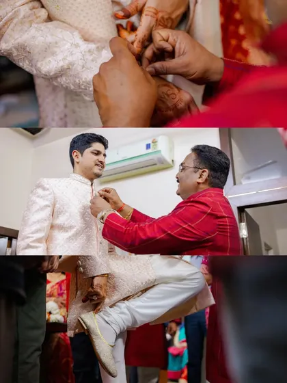 A collage capturing the groom's getting-ready moments. These shots of Mehul show the final touches being put on his wedding attire, a special time often shared with family.