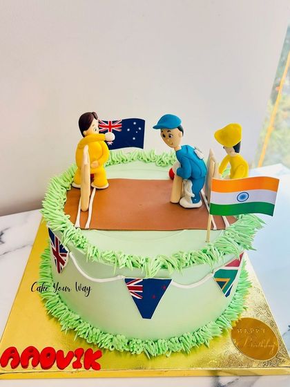 When cake meets cricket, it's a winning combination. This cake features an entire cricket match scene.