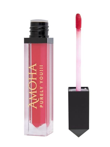 An open tube of red 'Amoha' lipstick, isolated on white.