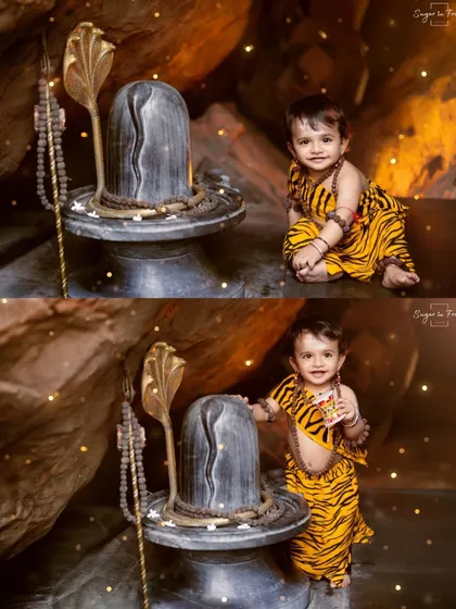 A collage of two photos from the toddler Mahadev shoot, showing different playful and serene expressions.