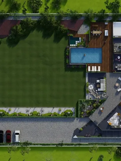 An aerial layout of the one-acre farmhouse property, showing the thoughtful relationship between the building, the pool, the large lawn, and the various outdoor seating areas. The entire property is designed as a cohesive, functional, and beautiful whole.