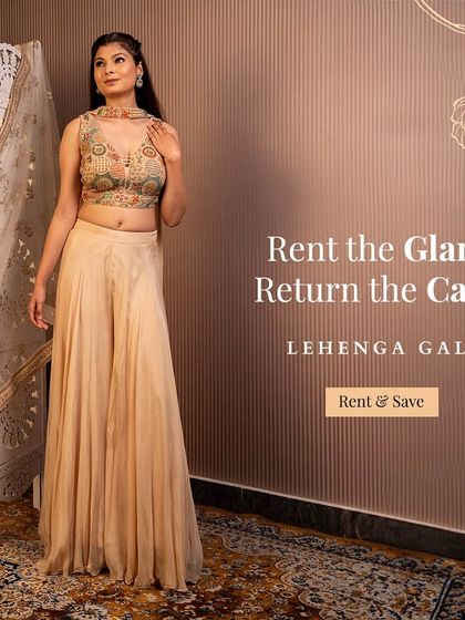 Rent the glam, return the calm. This simple beige palazzo set with a multi-color embroidered blouse is an understated yet chic rental option.