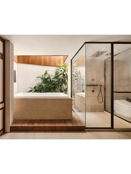 We believe bathrooms should be personal sanctuaries. For this space in our Embassy 821 project, we brought a tropical garden indoors, blurring the lines between the built environment and nature to create a spa-like experience of ultimate tranquility and luxury.
