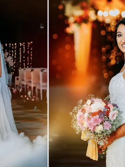 A collage of the bride in her elegant white wedding dress, holding a bouquet. We capture both the full look and close-up portraits to showcase every detail.