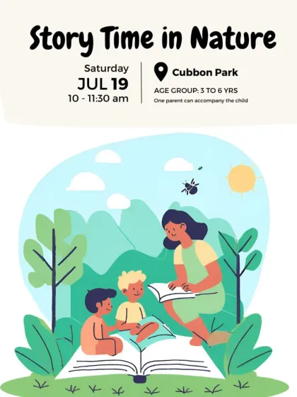 An illustrated poster for a "Story Time in Nature" session, perfectly capturing the wonder and joy of reading together in the outdoors.
