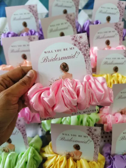 "Will you be my Bridesmaid?" These cute scrunchies with custom cards are a sweet way to pop the question to your bride tribe.