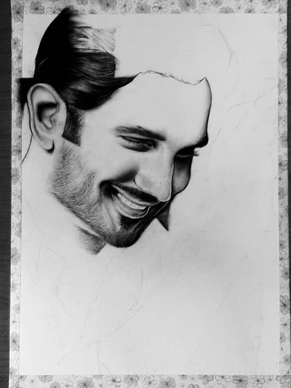 A gallery showing the creation of my tribute to Sushant Singh Rajput. Each image shows a different stage, from the initial sketch to the final emotional portrait.