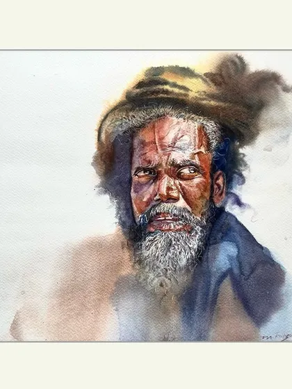 Titled 'Whisper of The Sacred Path,' this watercolour painting on paper captures a moment of deep contemplation. I used the fluid nature of watercolours to create a soft, ethereal background that contrasts with the sharp details of his weathered face.