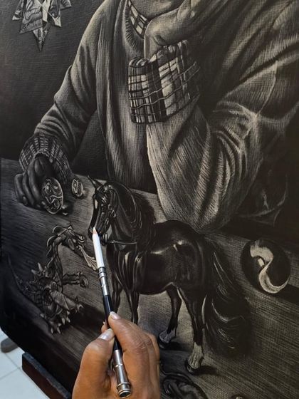 A close-up on the artist's hand as she draws a toy horse, showcasing the precision and control required for this reverse drawing technique.