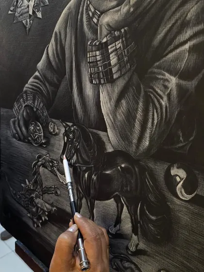 A close-up on the artist's hand as she draws a toy horse, showcasing the precision and control required for this reverse drawing technique.