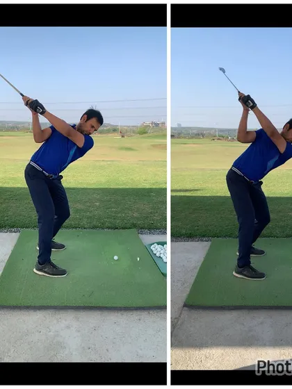 The top of the backswing. The 'after' position is much more neutral, correcting the flat and laid-off position that was causing issues.