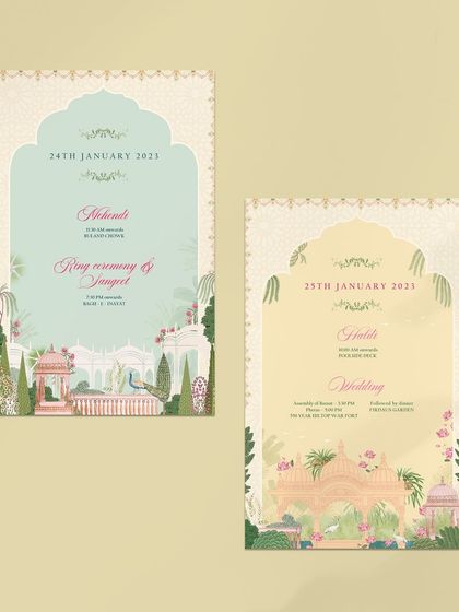Event cards for a wedding in Jaipur. The designs were created around a beautiful painting by the groom himself, incorporating elements of red sandstone, white marble, and the iconic peacocks of Jaipur.