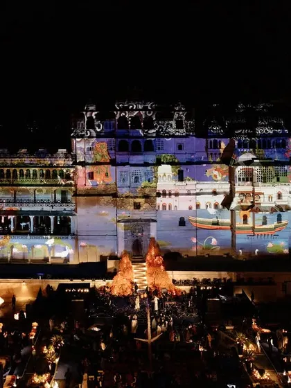 A wide shot of the projection-mapped palace, showing the entire facade transformed into a piece of living art.