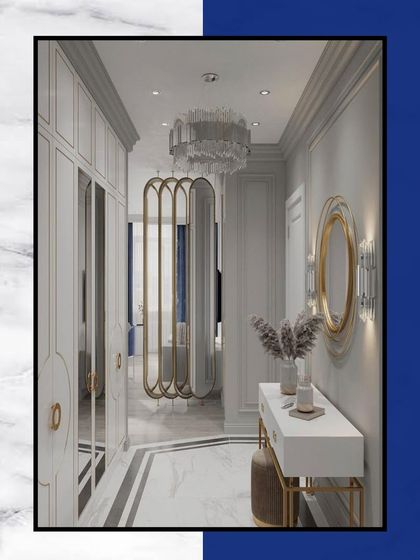 Isn't this dressing room stunning? This design shows a walk-in closet area with beautiful lighting, a full-length mirror, and elegant storage solutions.