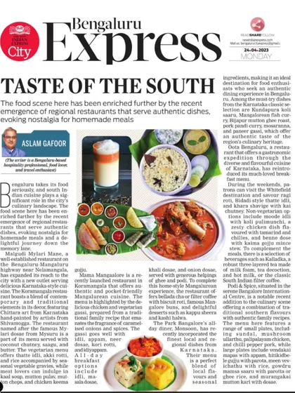 Our new menu at Monsoon featured in Bengaluru Express, praised for its authentic South Indian dishes and locally sourced ingredients.