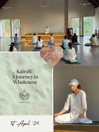 A snapshot from our Kairali retreat in Kerala, a journey to wholeness. The combination of Kundalini practice in a serene yoga shala and deep meditation brings profound balance.