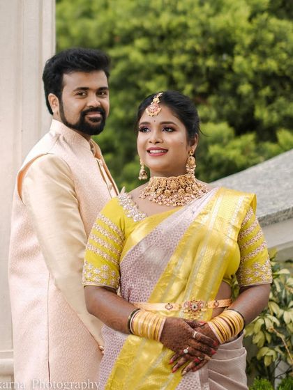 A beautiful couple portrait from Sheethal's wedding. She looks radiant in a temple choker and matching vaddanam.
