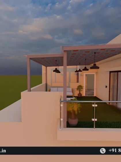 A 3D render of a multi-level terrace design, featuring two separate pergolas with decorative ceilings.