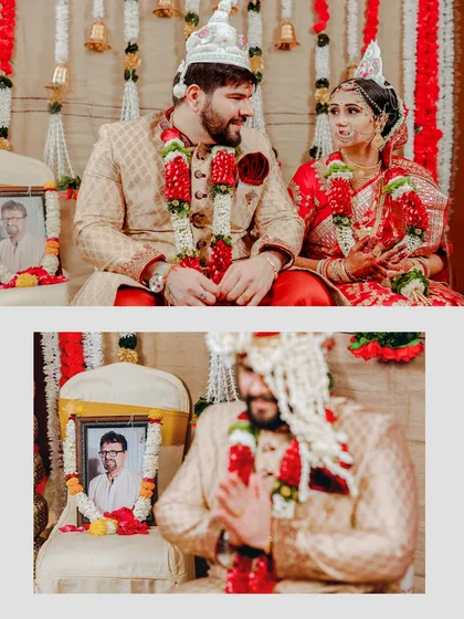 A poignant moment where the groom pays respect to a photo of a loved one. It's my responsibility to capture these deeply personal and touching details.