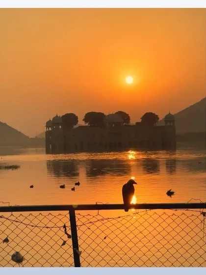 The sun sets over Jal Mahal, the Water Palace, in Jaipur. A bird silhouetted on a fence in the foreground adds a poetic touch to this beautiful landscape.