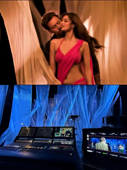 A view from the lighting console during the 'Bahli Sohni' shoot. The monitor shows the live camera feed, while the console allows our operator to make real-time adjustments.