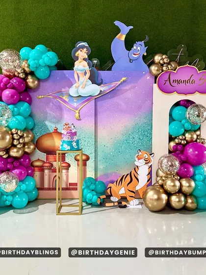 Another view of the Aladdin party, showing the full balloon arches and the custom-arched entrance with the birthday girl's name.