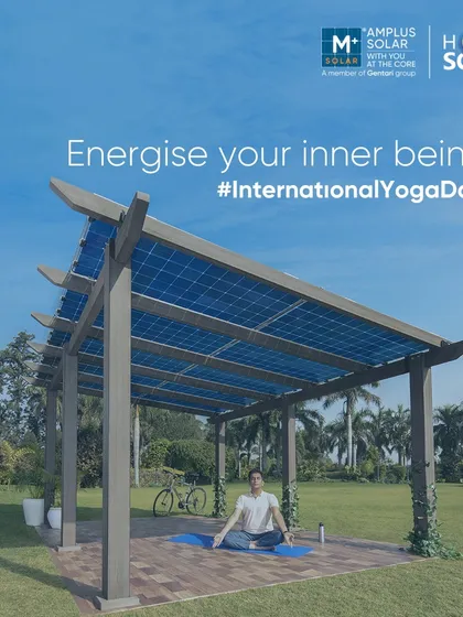 A person practices yoga under a solar pergola, symbolizing the harmony between personal wellness and environmental sustainability. Our solutions help you energize your inner being and the planet.