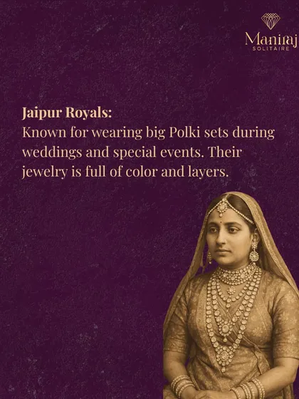 The royals of Jaipur have always favoured large, layered Polki sets for weddings and special events, showcasing colourful and grand designs.