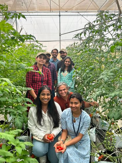 A group of our February hydroponic trainees surrounded by lush tomato plants. The greenhouse provides a perfect classroom for hands on learning.