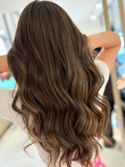 The back view of the no-bleach caramel blend, showing the beautiful, blended result on her long hair.